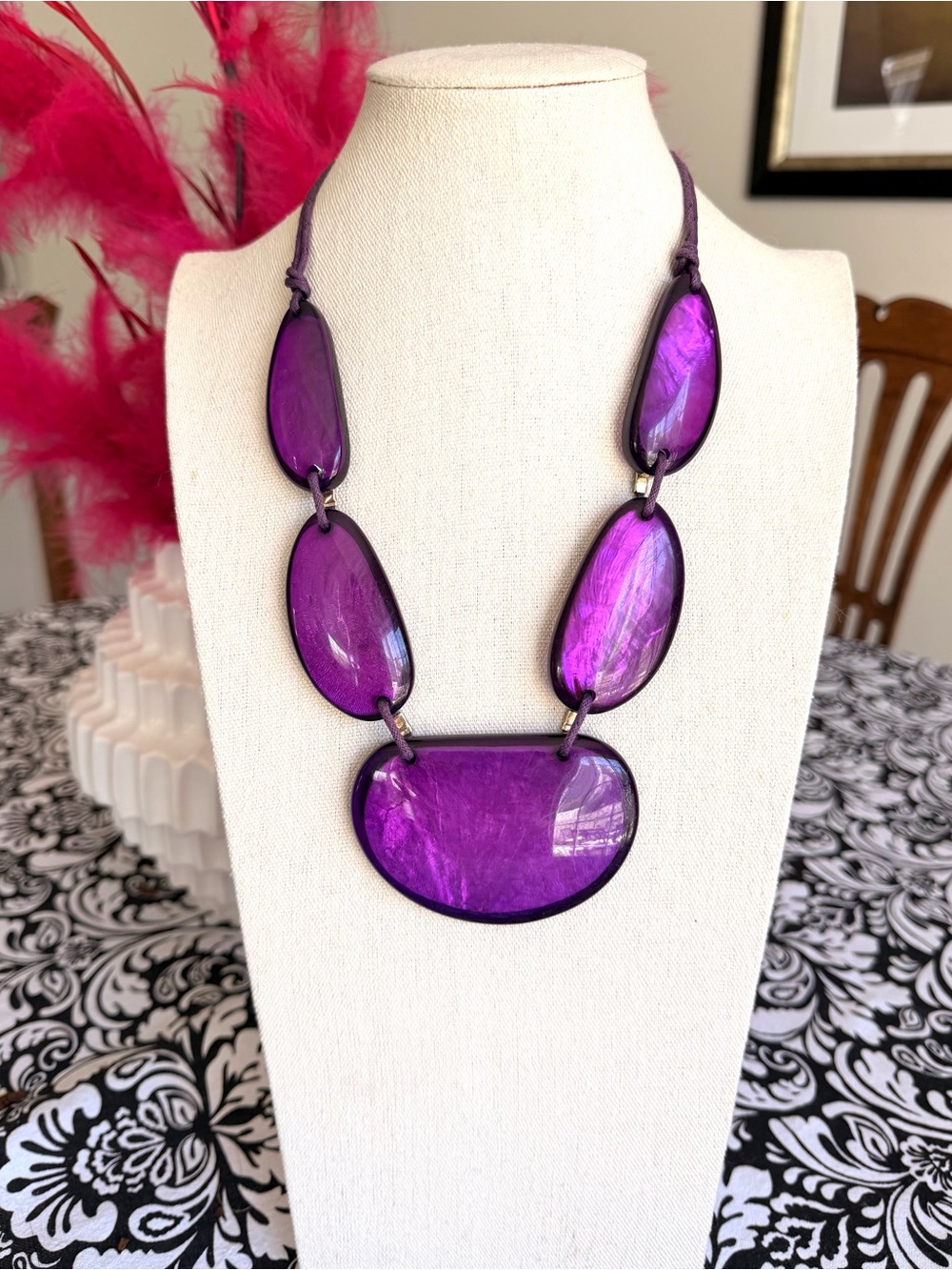 Purple Acrylic Resin Statement Necklace Oversized Shell Effect Pendant